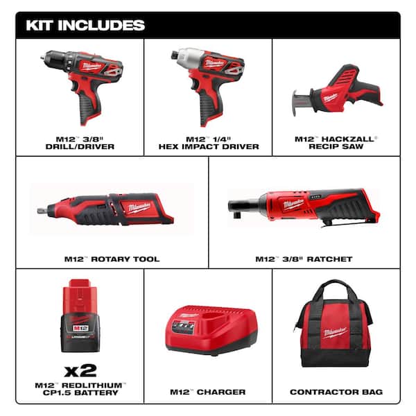 M12 12V Lithium-Ion Cordless 4-Tool Combo Kit with (2) Compact 1.5Ah Batteries, Charger and M12 3/8 in. Ratchet