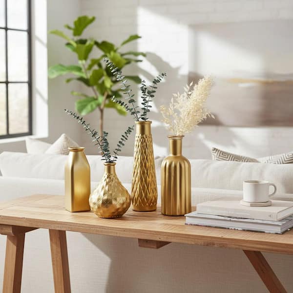 花瓶　ゴールド　インテリア 7.6 in. Small Bottle Gold Glass Vase, Modern Aesthetic Floral Vase