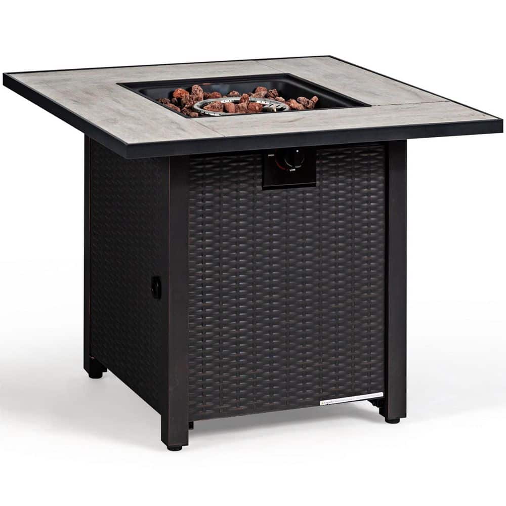30" Black Steel Square Gas Fire Pit Table with Ceramic Tile Top
