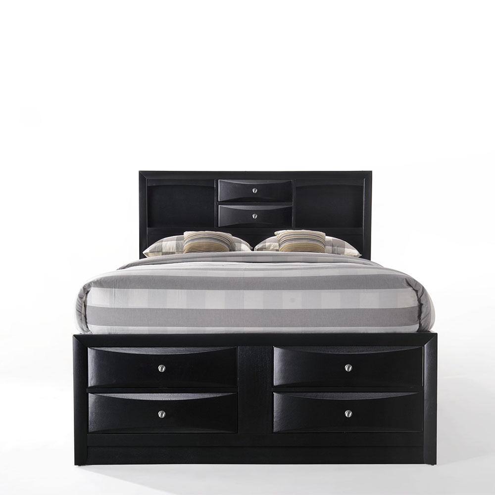 Transitional Black Queen Storage Bed with Nickel Accents and Bookcase Headboard