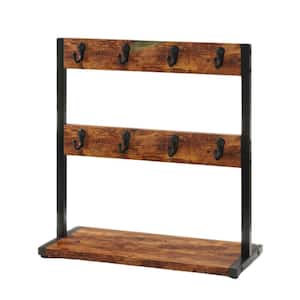 16 Hooks Metal Wood Coffee Mug Tree Holder for Countertop with Storage Base for Home Kitchen, Rustic Brown