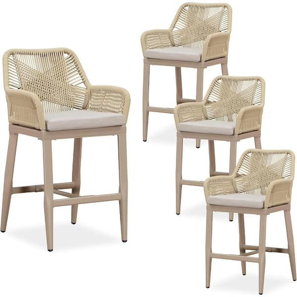 PURPLE LEAF Modern Aluminum Rattan Counter Height Outdoor Bar Stool with Back and Beige Cushion (4-Pack)
