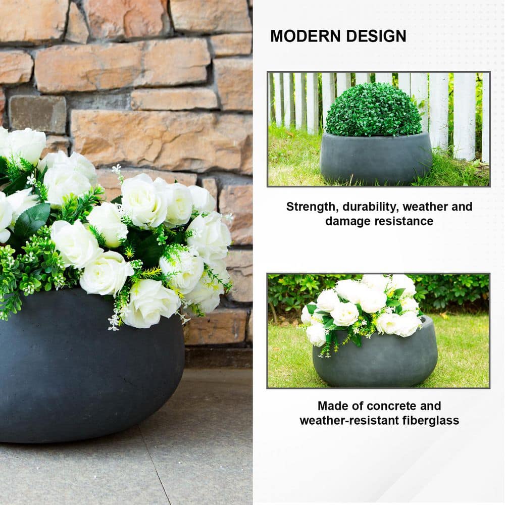 Charcoal Round Concrete Planter with Smooth Finish, 19"