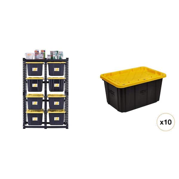 HDX 10-Tote Metal Storage Rack (50 in. W x 78 in. H x 24 in. D) and 27 Gal. Black/Yellow Tough Tote Combo (2 Piece)