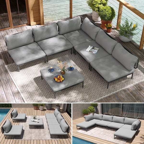6-Piece Metal Outdoor Sectional Sofa with Dark Gray Cushions 6-Armrest