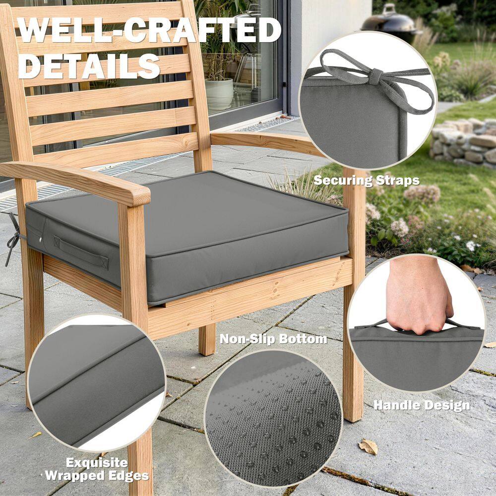 Grey cushion cover on a wooden outdoor chair.