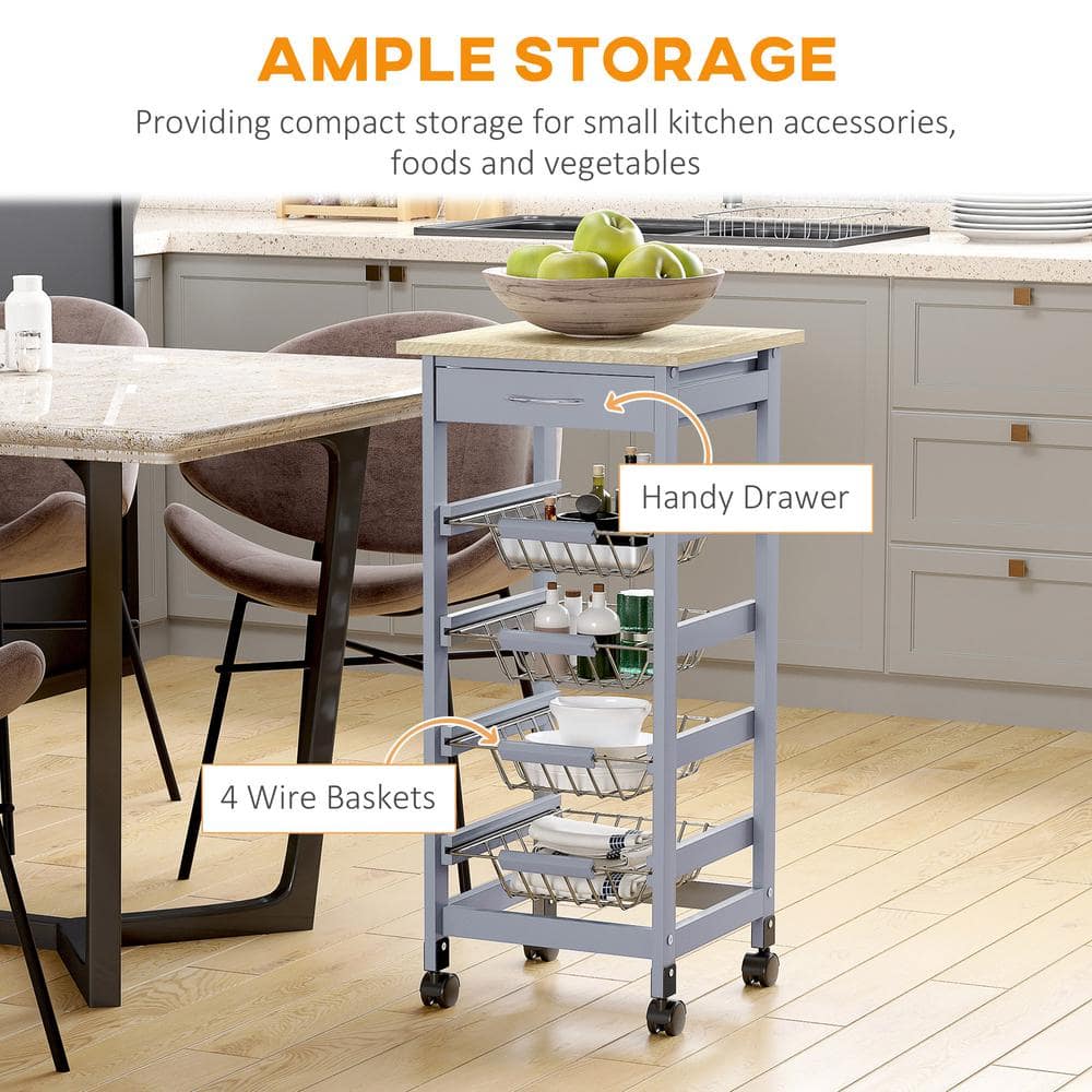 Gray Wooden Rolling Kitchen Cart with Storage Drawer and Baskets