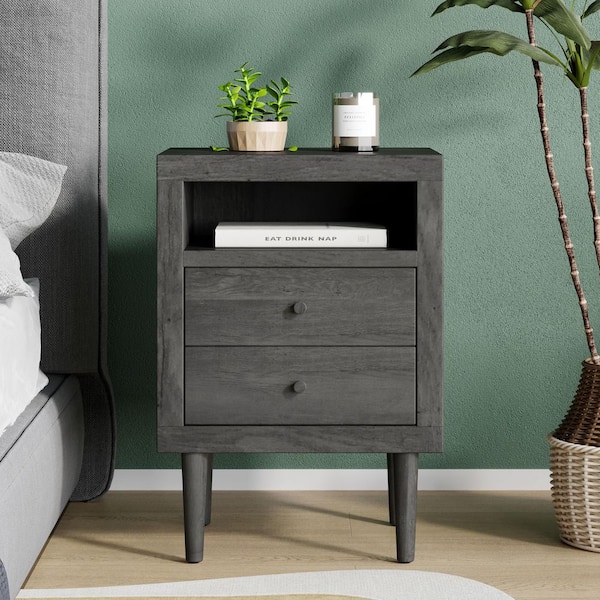 Gray 2-Drawer Mid-Century Nightstand with Shelf (Faux Wood), for Bedroom Storage, End Table for Living Room