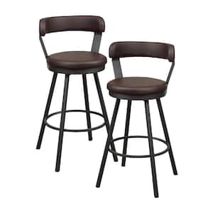 Avignon 30 in. Dark Gray Metal Swivel Pub Height Chair with Brown Faux Leather Seat (Set of 2)