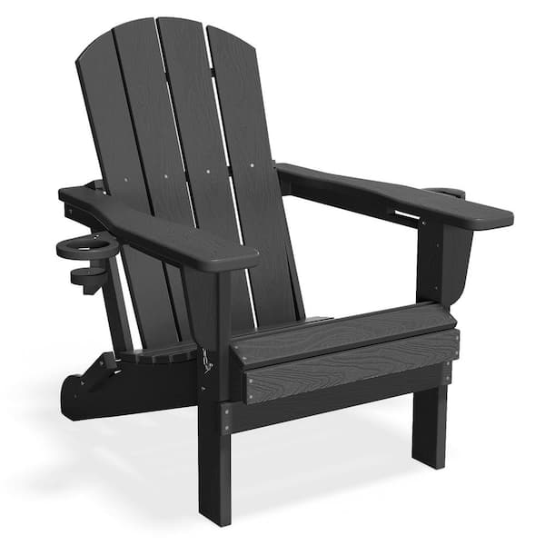 Classic Gray Folding Plastic Adirondack Chairs with 2-Cup Holders-Weather Resistant Patio Outdoor Chair (Set of 1)
