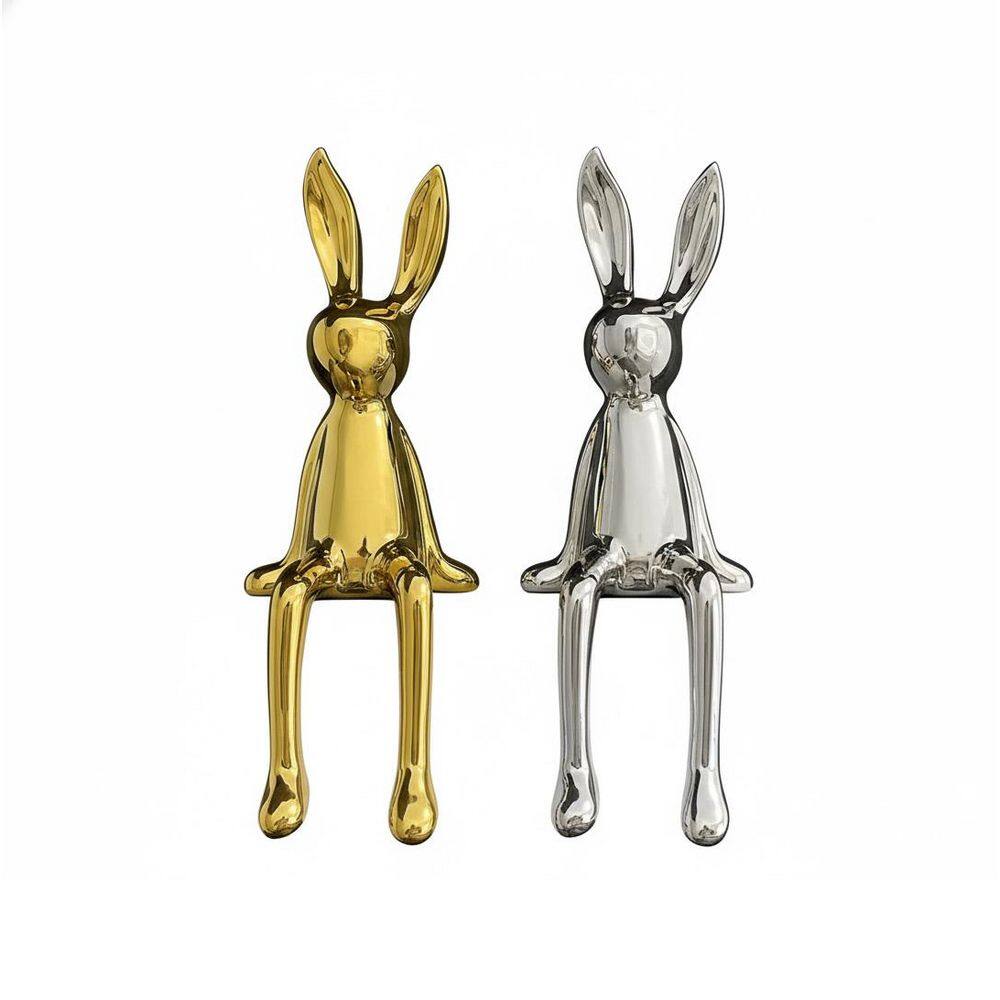 8.46 in. x 3.54 in. 2-Piece Rabbit Decor Sculptures Ceramic- Gold and ...