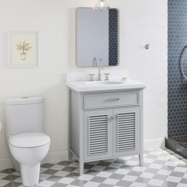 ARIEL Kensington 30 in. W x 22 in. D x 36 in. H Single Oval Sink Bath Vanity in Grey with Carrara White Quartz Top
