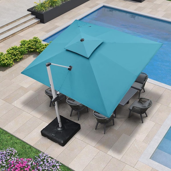 PURPLE LEAF 10 ft. x 12 ft. High-Quality Aluminum Cantilever Polyester Outdoor Patio Umbrella with Base, Turquoise Blue