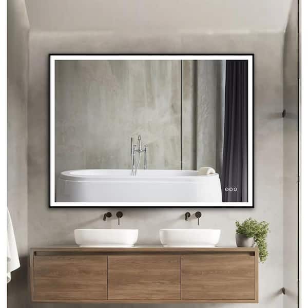 UKISHIRO Depp 48 in. W x 40 in. H Rectangular Steel Framed Dimmable Wall Bathroom Vanity Mirror in Black