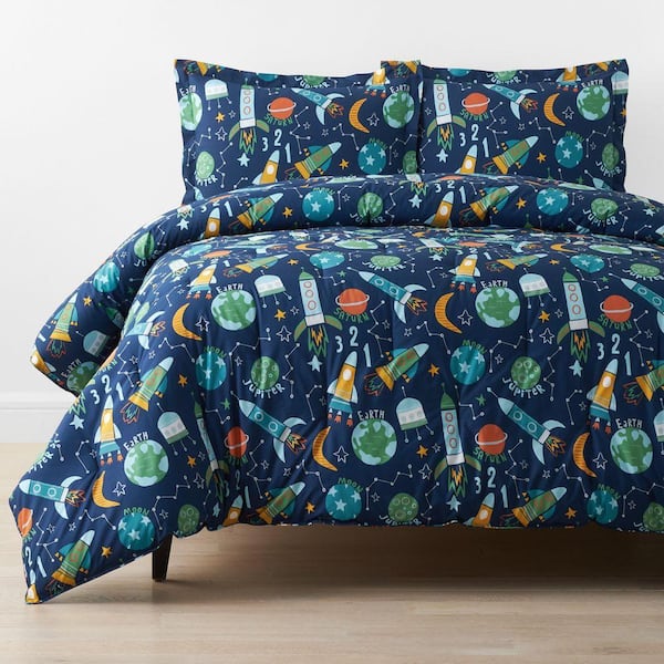 Company Kids Navy Multi Planets And Rockets Organic Cotton Percale Twin/Twin XL Comforter Set