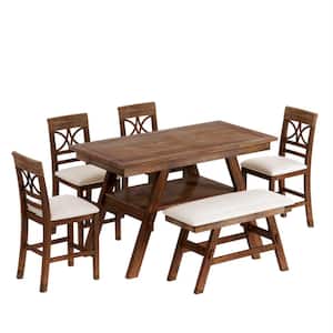 6-Piece Walnut MDF Top Counter Height Dining Table Set with Storage Shelf Kitchen Table Set with 4-Chairs 1-Bench