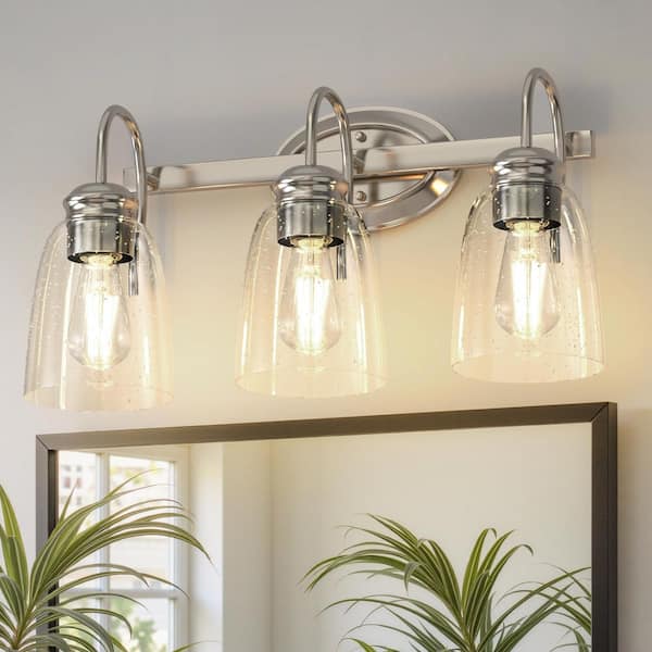 19 in. 3-Light Brushed Nickel Modern Bathroom Vanity Light Mirror Wall Light and Seeded Glass