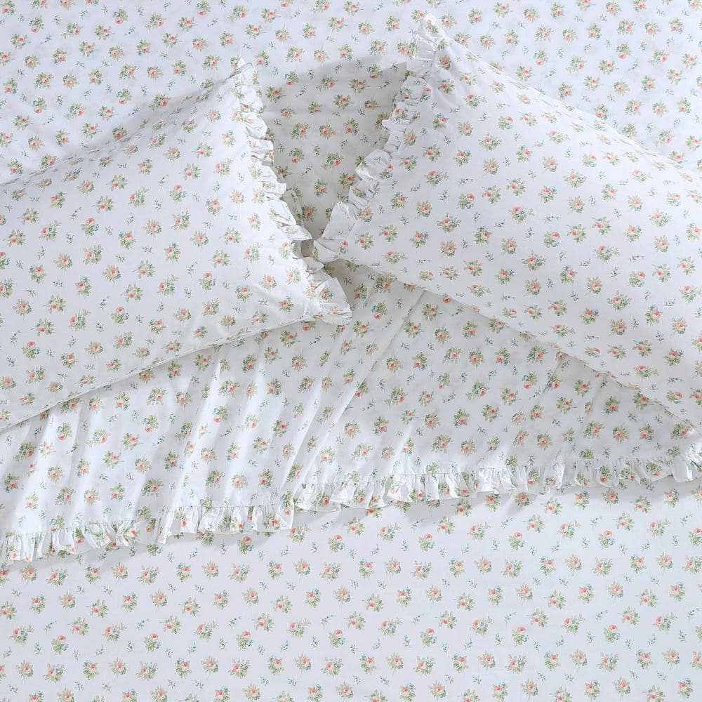 King Size Roseford Orange Floral Cotton Pillowcase Set with Ruffled Hem