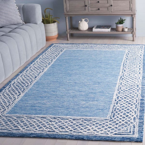 Ebony 6 ft. x 6 ft. Blue/Ivory Trellis Border Square Area Rug