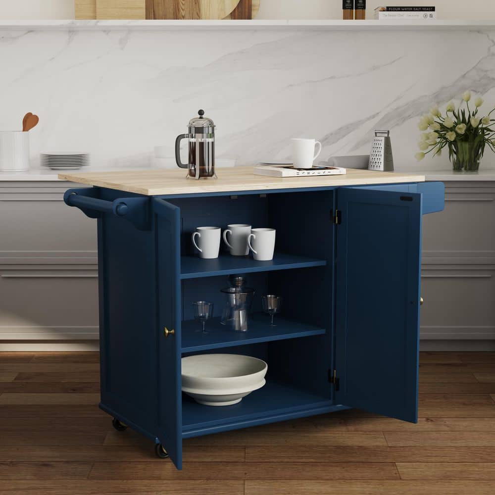 Blue Wood Drop Leaf Kitchen Cart with Spice Rack