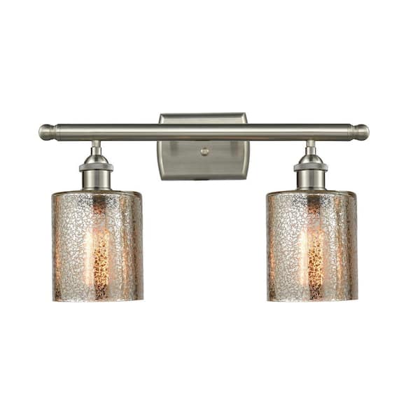 Cobbleskill 16 in. 2-Light Brushed Satin Nickel Vanity Light with Mercury Glass Shade