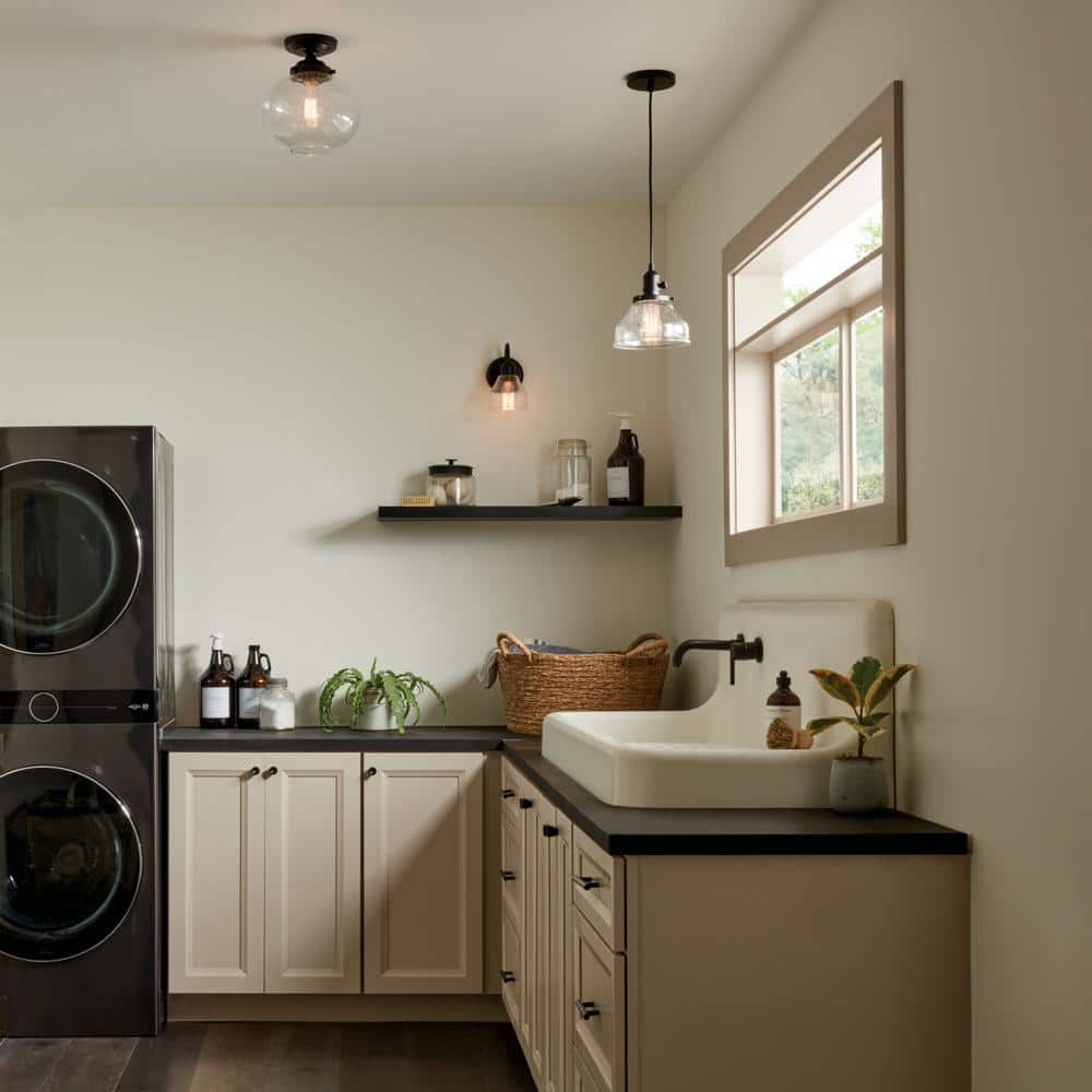 Black Semi-Flush Mount Light with Clear Seeded Glass Shade