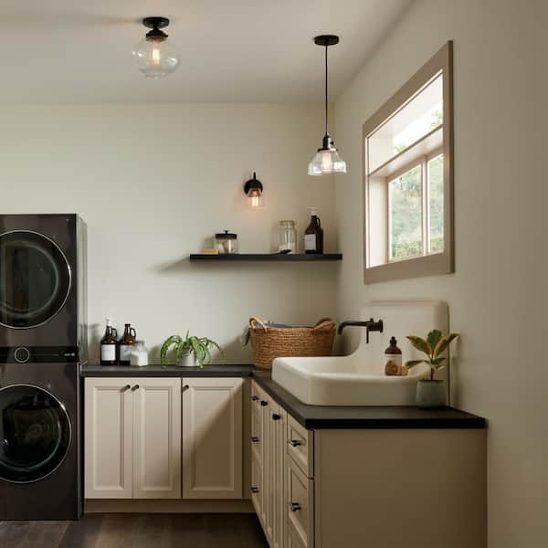 Avery 9.75 in. 1-Light Black Hallway Vintage Industrial Semi-Flush Mount Ceiling Light with Clear Seeded Glass