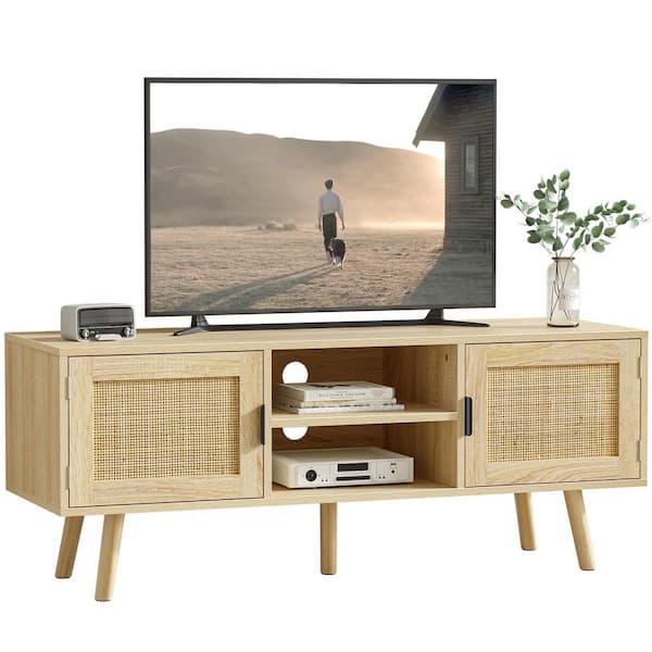 Aupodin 47 in. Natural Oak TV Stand Fits TVs Up to 55 in. Entertainment Cabinet Media Console with Storage Doors