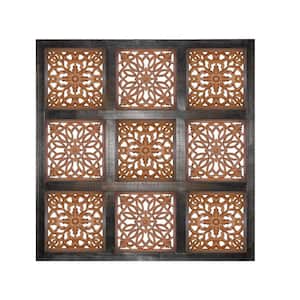 Brown Decorative Mango Wood Wall Panel with Cut-Out Flower Pattern