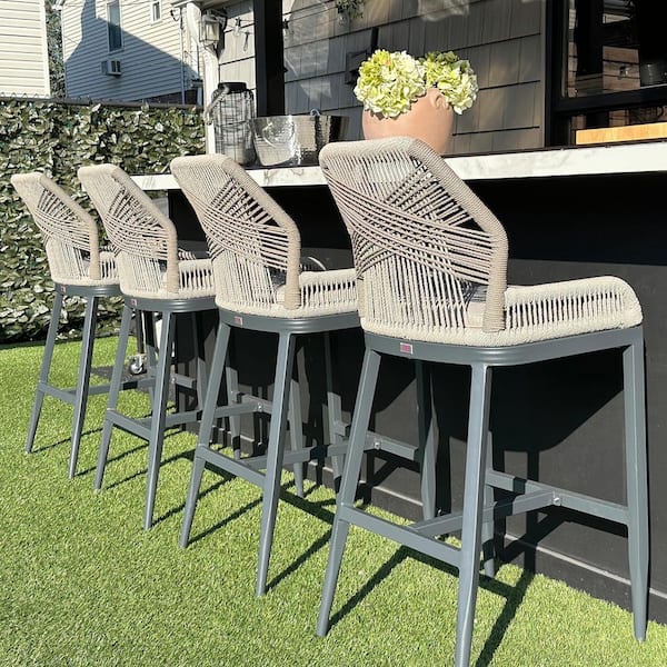 Modern Aluminum Twill Wicker Woven Counter Height Outdoor Bar Stool with Back and Sunbrella Taupe Cushion (4-Pack)