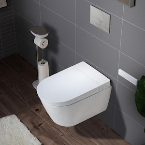 Wall Hung 1-Piece 1.28 GPF Dual Flush Elongated Smart Toilet in White with Concealed Tank, Marble Stone Flush Plates