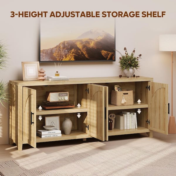 70 in. Modern Coastal Oak TV Stand Entertainment Center Fits TVs Up to 75 in. with 4-Arched Reeded Doors