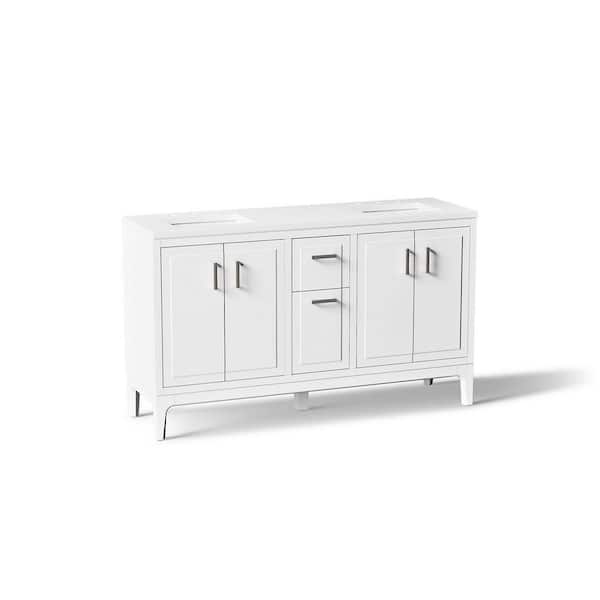 Seer 60 in. Double Sink Freestanding White Bath Vanity with White Quartz Top Assembled