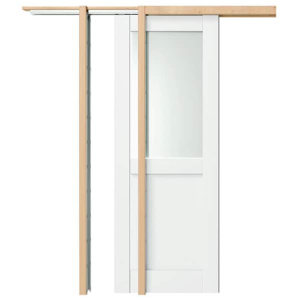 30 in. x 80 in. 1/2 Lite, Frosted Glass, Solid Core, DIY Painted, White Primed, MDF Sliding Door with All Hardware