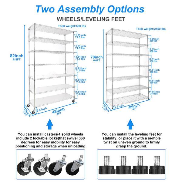 48.00 in. W Chrome 5-Tier Metal Pantry Organizer, Adjustable Metal Storage Shelves with Wheels