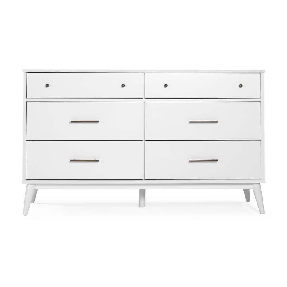 White Solid Wood Mid-Century Modern 6-Drawer Dresser