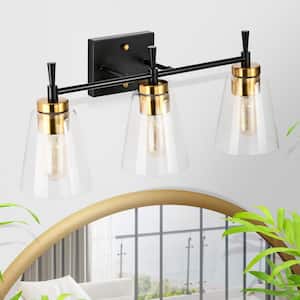 Briarwood 21 in. 3-Lights Black and Antique Brass Vanity Light with Clear Glass Cone Shades