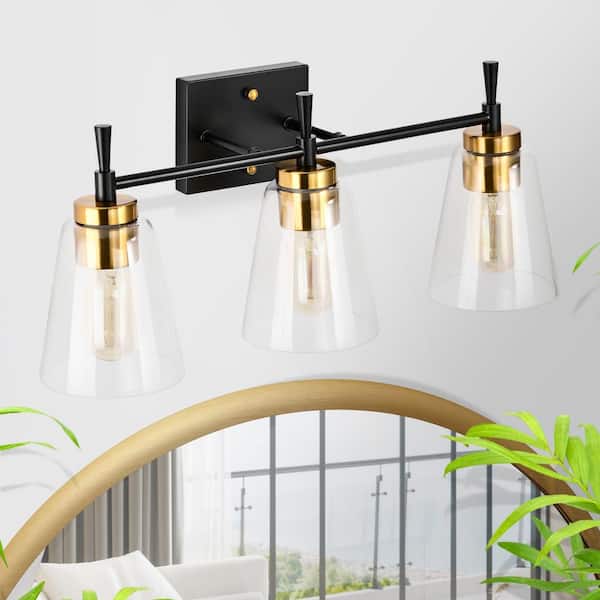 Edvivi Briarwood 21 in. 3-Lights Black and Antique Brass Vanity Light with Clear Glass Cone Shades