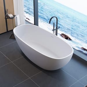 67 in. Stone Resin Flatbottom Solid Surface Freestanding Double Slipper Soaking Bathtub in White with Brass Drain