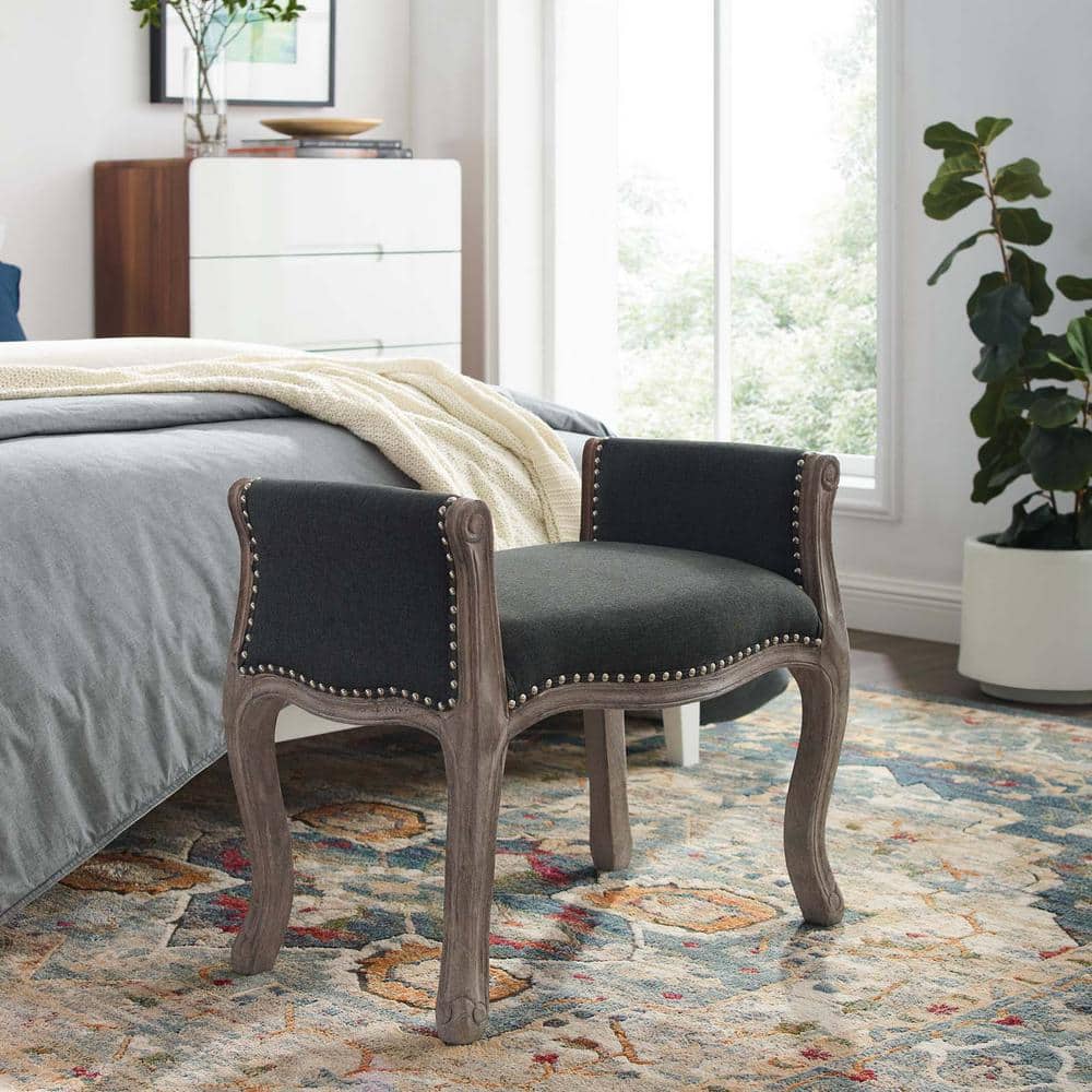 Gray Vintage French Upholstered Fabric Bench with Nailhead Trim