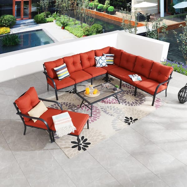 Patio Festival 10-Piece Metal Patio Conversation Set with Red Cushions