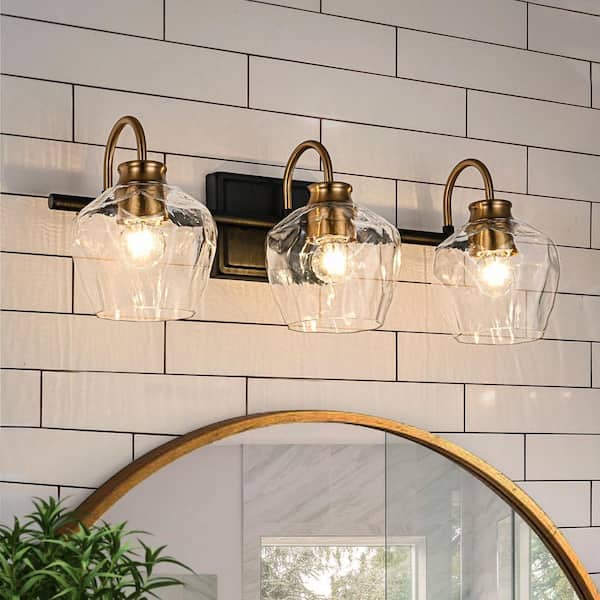 21.65 in. 3-Light Black and Gold Dimmable Bathroom Vanity Light Fixture with Textured Glass Shades