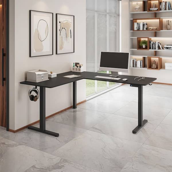 63 in. Black L-Shaped Electric Standing Desk with 3-Memory Height Settings and 2-Accessory Hooks