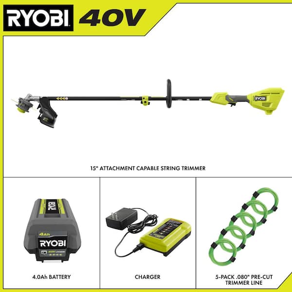 RYOBI - 40V 15 in. Expand-It Cordless Battery Attachment Capable String Trimmer &. 080 Pre-Cut Line w/ 4.0 Ah Battery & Charger