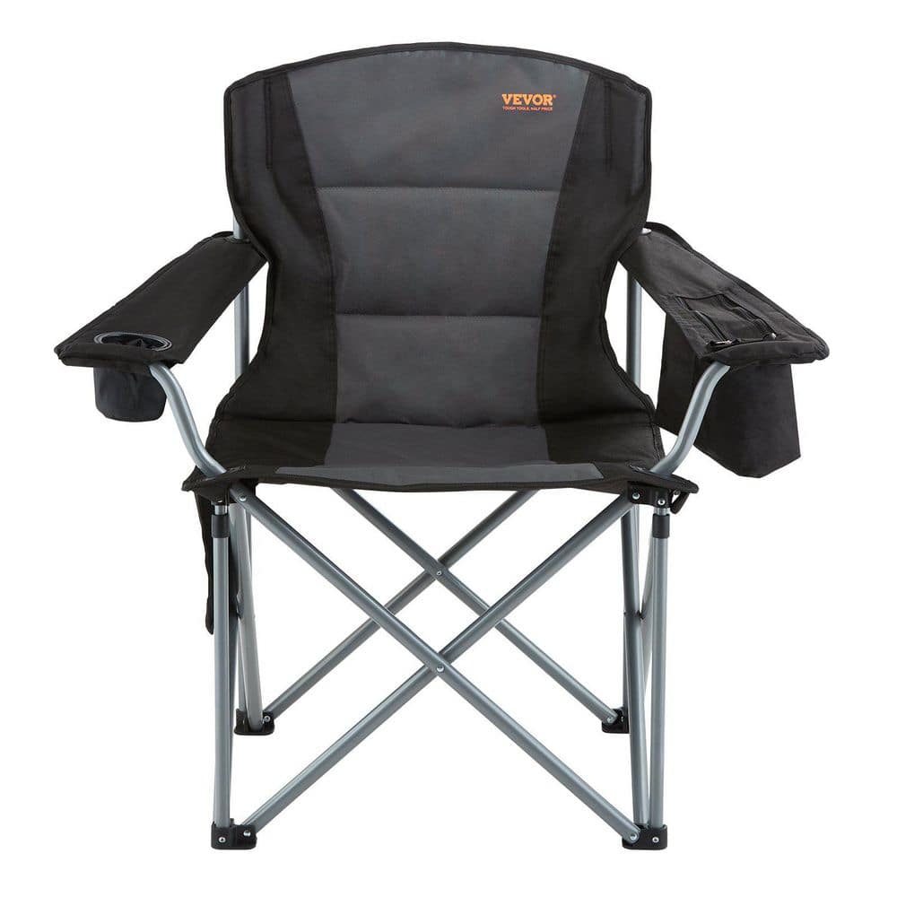 Unbranded Black Steel Sports Chair,Camping Portable Folding Chair for Adults with Side Pockets, Cup Holder and Cooler Bag for Lawn L-T3342P359999
