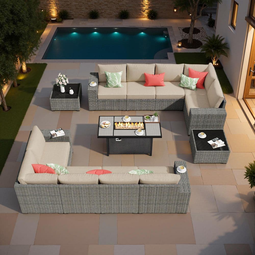 Aestheticism 13-Pieces Wicker Outdoor Patio Rectangular Iron Fire Pit Set with Beige Cushions