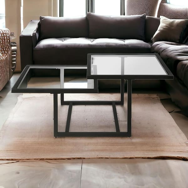 HomeRoots 43 in. Black Square Glass Coffee Table with Shelves Storage