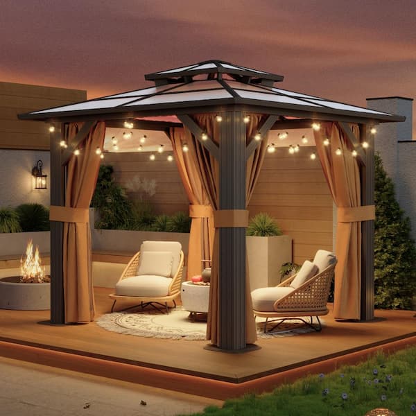 Sizzim 8 ft. x 8 ft. Brown Outdoor Gazebo, Polycarbonate Double