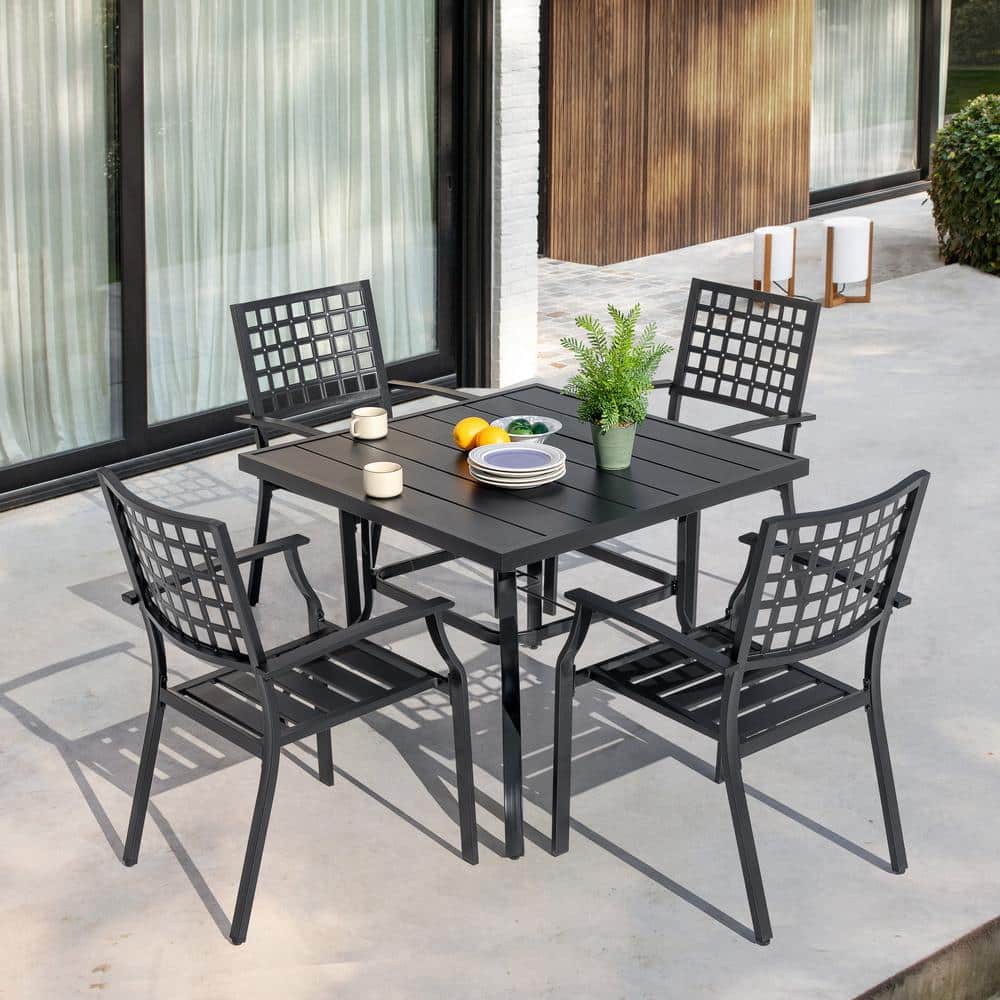 Black Iron 5-Piece Square Outdoor Dining Set with Umbrella Hole