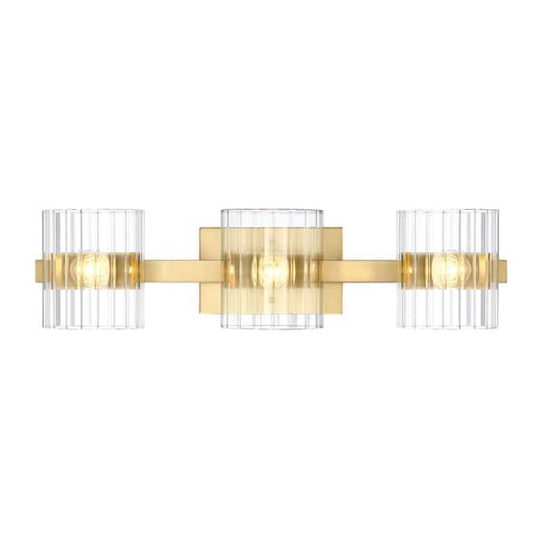 Aries 24.25 in. 3-Light Brushed Gold Modern Vanity Light with Ribbed Glass Shades